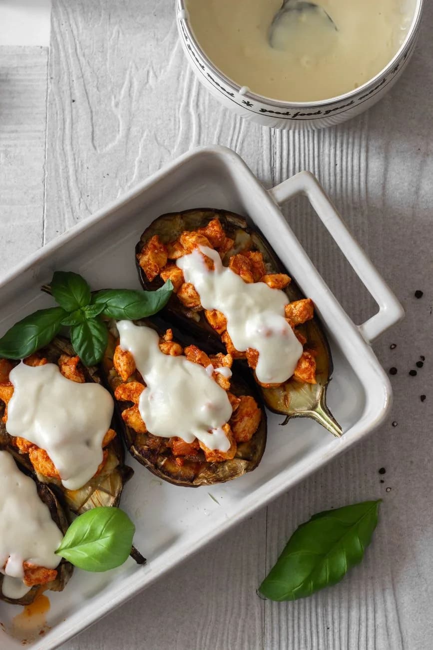 Serving inspiration for Roasted Eggplant Tomato Mozzarella Bake